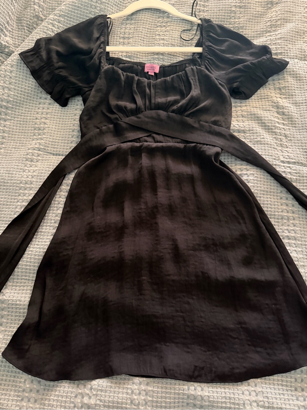 miami Black Satin Mini Dress with Wrap Waist
